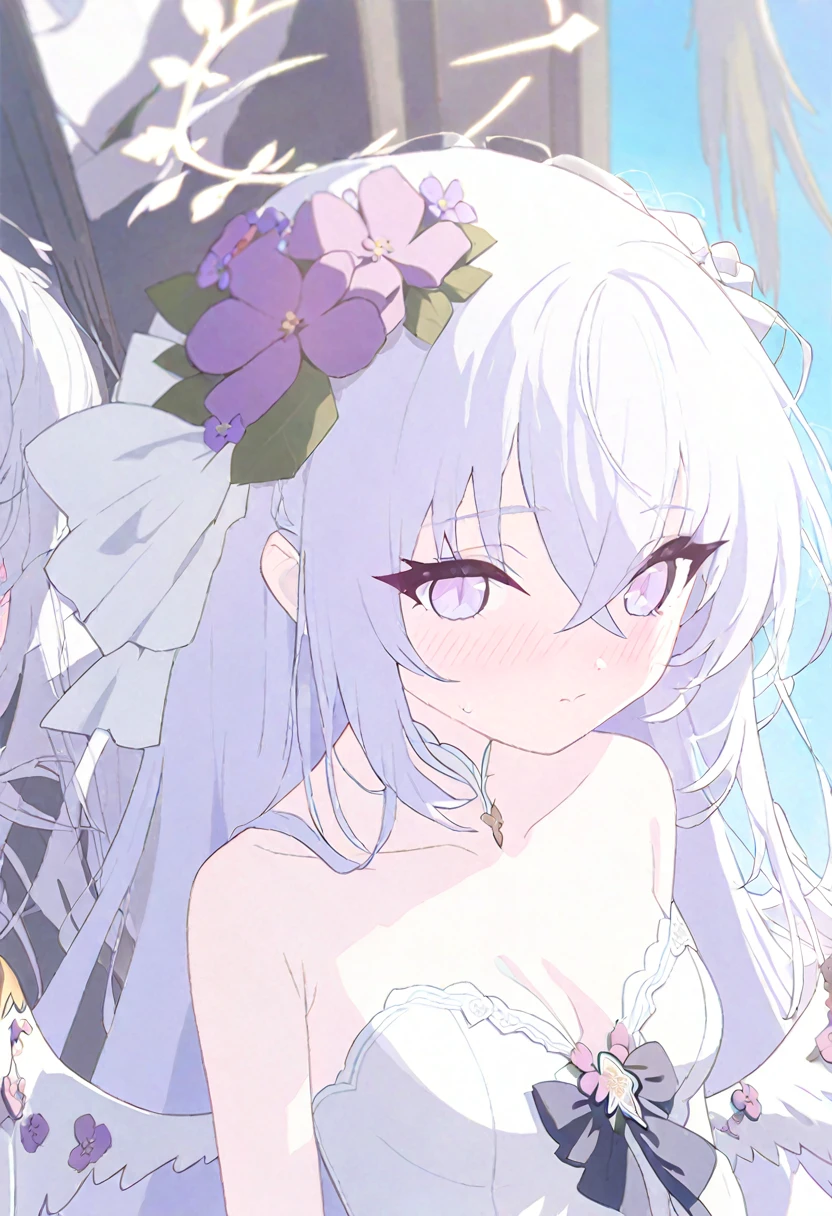 azusa \(blue archive\),AddXL, 1girl 1other alternate_costume angel_wings bare_shoulders blush bouquet breasts bridal_veil bride cleavage closed_mouth collarbone dress feathered_wings flower hair_between_eyes halo holding holding_bouquet jewelry long_hair looking_at_viewer small_breasts necklace out_of_frame pink_flower pink_rose pov pov_hands purple_eyes rose solo_focus strapless strapless_dress veil very_long_hair wedding_dress white_dress white_flower white_hair white_rose white_wings wings