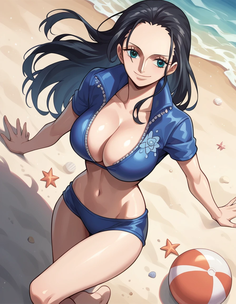 score_9, score_8_up, score_7_up, source_anime, Nico Robin, black hair, long hair, large breasts, blue jacket, navel, short sleeves, cleavage, smile, from above, beach, 