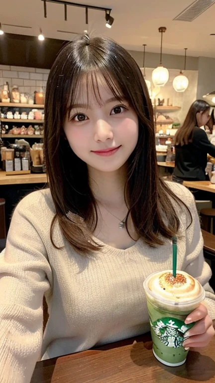 Tabletop, Highest quality, shape, Very detailed, In detail, High resolution, 8k wallpaper, Perfect dynamic composition, 1 beautiful girl, Beautiful attention to detail, Girly blouse, Medium Hair, Normal chest, Natural color lip, Random Pause, smile, Open your mouth:0.8, Stylish cafe, 20-year-old girl, sit, There is a tall glass of Starbucks Frappuccino on the table..,Inside Starbucks