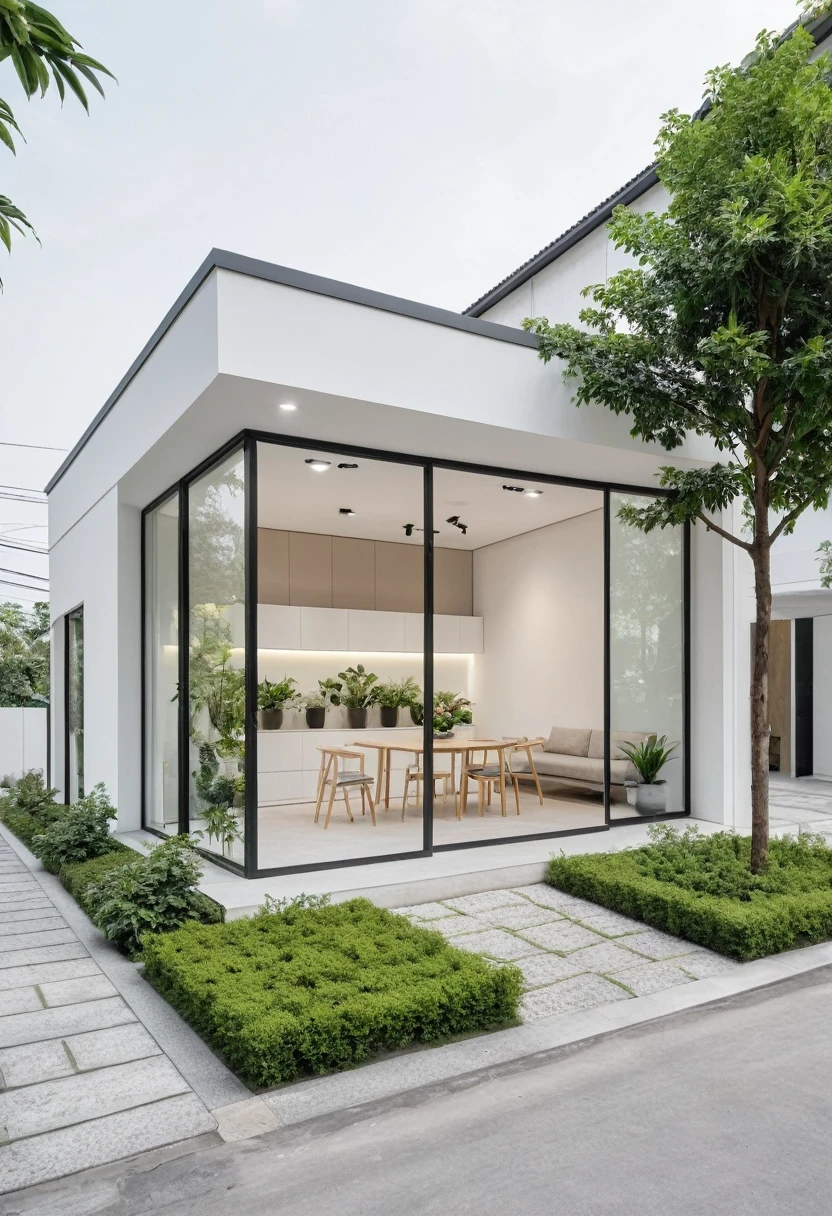 A modern one-story house with a small furniture showroom, with a facade less than 5 meters wide. The design includes large glass windows and doors, vertical display shelves, large mirrors, and well-placed lighting inside the showroom. The exterior features white and pastel tones with integrated green plants. The house is located on a street corner with a sidewalk and trees, providing a welcoming atmosphere. The showroom layout is organized for easy movement and optimal product visibility
