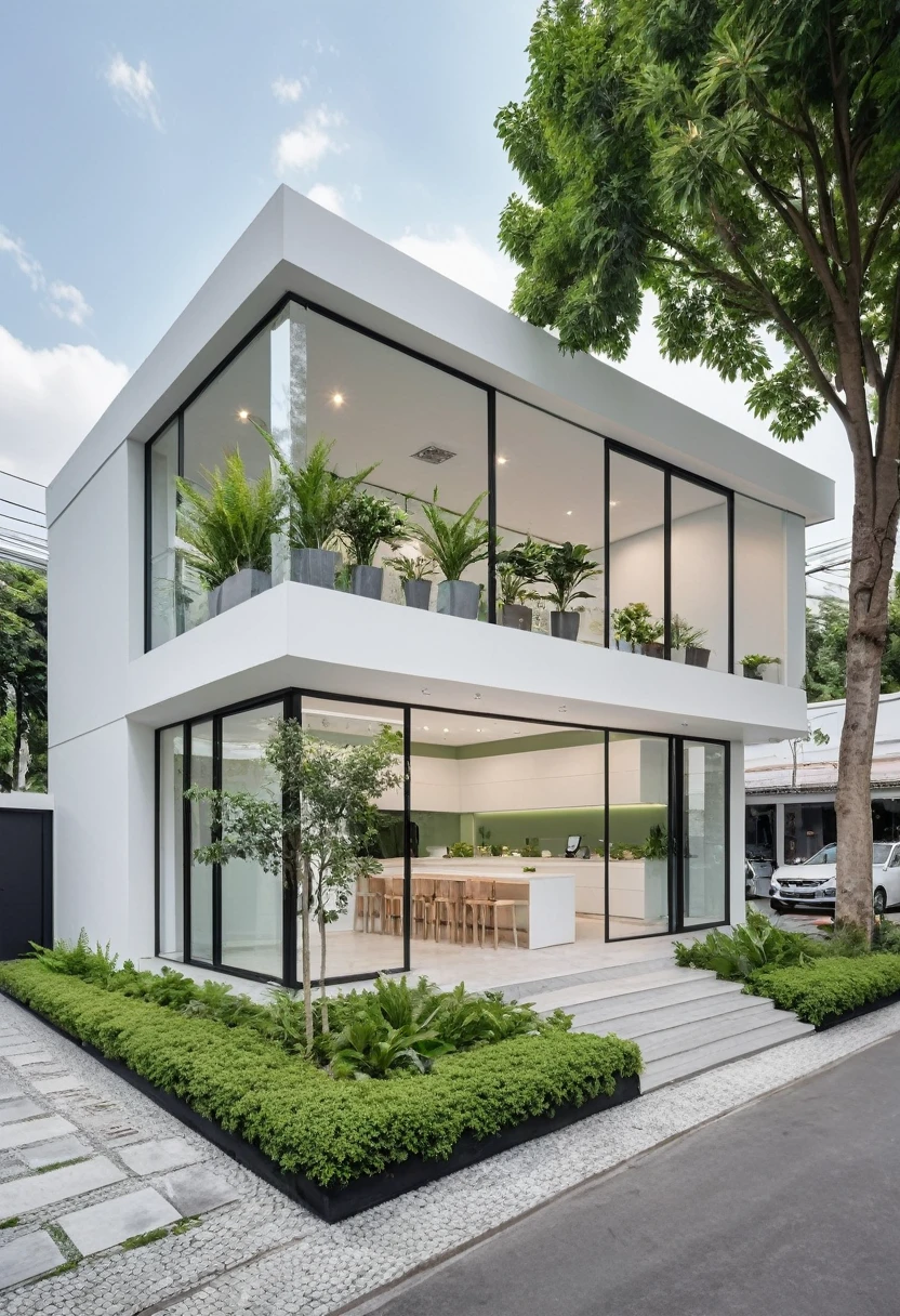 A modern one-story house with a small furniture showroom, with a facade less than 5 meters wide. The design includes large glass windows and doors, vertical display shelves, large mirrors, and well-placed lighting inside the showroom. The exterior features white and pastel tones with integrated green plants. The house is located on a street corner with a sidewalk and trees, providing a welcoming atmosphere. The showroom layout is organized for easy movement and optimal product visibility