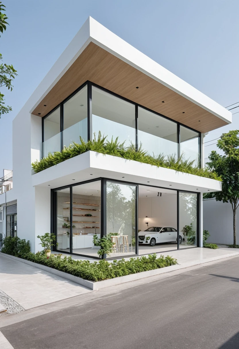 A modern one-story house with a small furniture showroom, with a facade less than 5 meters wide. The design includes large glass windows and doors, vertical display shelves, large mirrors, and well-placed lighting inside the showroom. The exterior features white and pastel tones with integrated green plants. The house is located on a street corner with a sidewalk and trees, providing a welcoming atmosphere. The showroom layout is organized for easy movement and optimal product visibility
