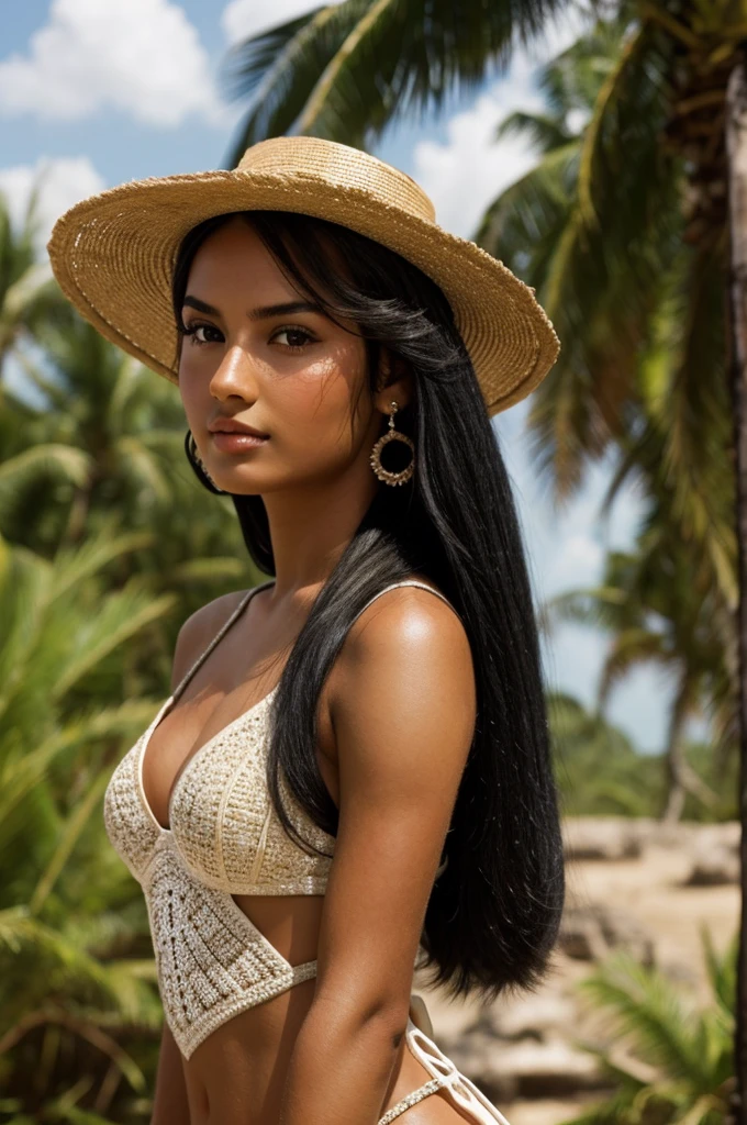 Beautiful Mayan princess with long black hair and tanned skin