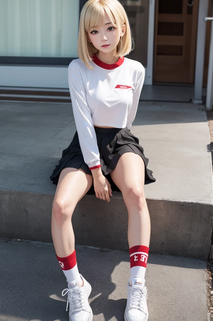 anime girl , blonde,short black skirt, red cropped ,holey socks 