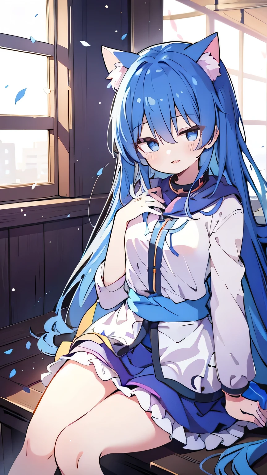 (masterpiece:1.2),Super detailed,lifelike,Expressive eyes,fair skin,perfect face shape,1 girl,
Japanese comics,Gorgeous blue hair,flowing blue hair,flowing clothes,Cat ears,Petals fall,beautiful lola,Baby Angel,
Shaking head with one hand,Cross your legs,Gentle and peaceful background,The pavilion is cool and comfortable,smile, wearing hoodie, In front of the window,snowing