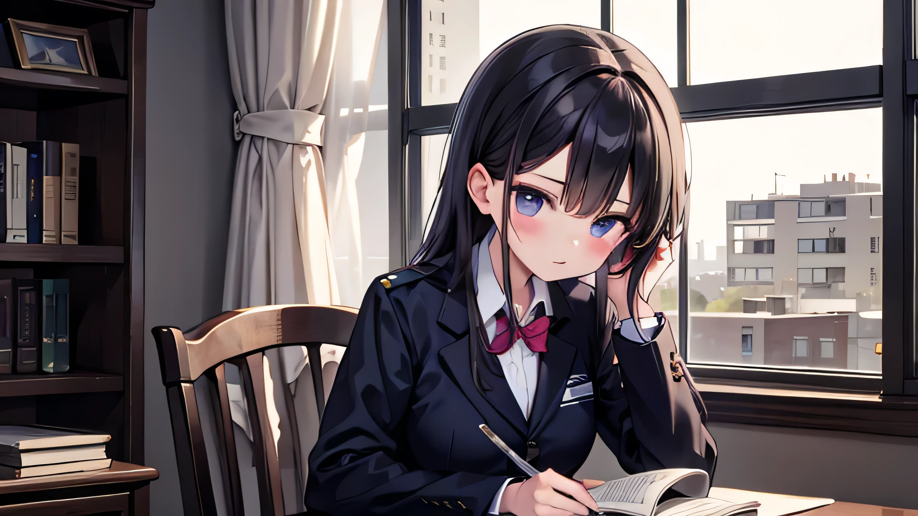 Girls in uniforms, studying