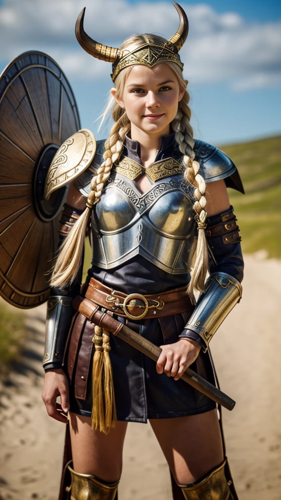 front view, Viking girl,12 century, looking at camera, beautiful Sweden Young girl, 30 years old, (Highly detailed face, Ordinary eyes, Long eyelashes, Tapered eyebrows, gold hair, twin braids, Variegated eyes, Fuller lips, little Lips, little smile),(slender body), (Viking costume, leather armor, knit wears, clothes, metallic Viking helmet with horns), (holding a Wooden round shield , small battle-ax), standing pose, A beach by the Nordic ,masterpiece, Highest quality, masterpiece, God-like quality, Godly art, Very realistic
