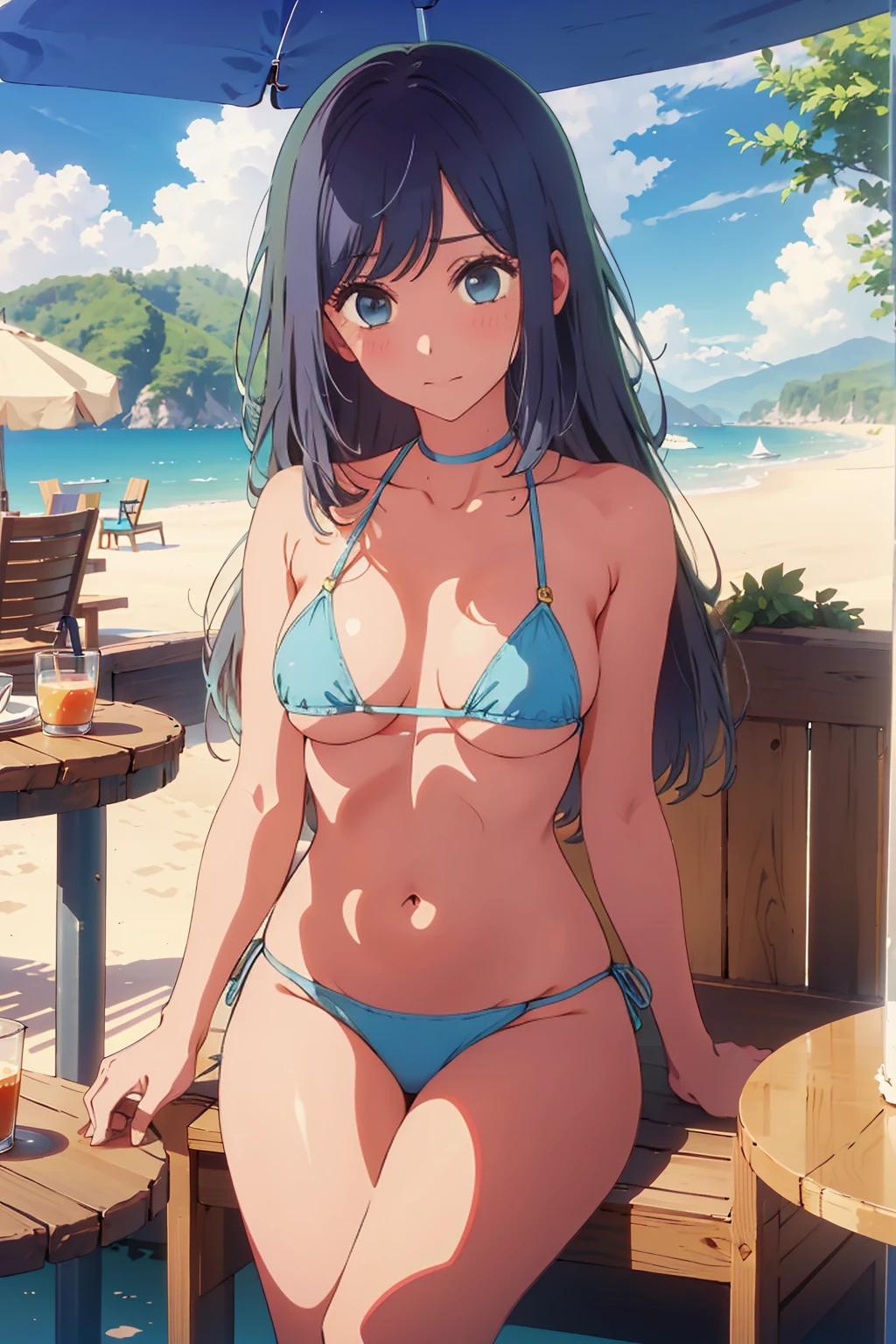 (Highest quality:1.4、masterpiece:1.4、Super detailed:1.4、8K:1.4)、((((1 person、Surprised expression、sit、Cafe Terrace、coastal、juice、table、Sandy Beach、juiceのグラスを持つ、Long Hair、Micro Bikini、Very soft boobs、Big eyes、Very cute face))))、F cup bust、Medium breast、Underboob