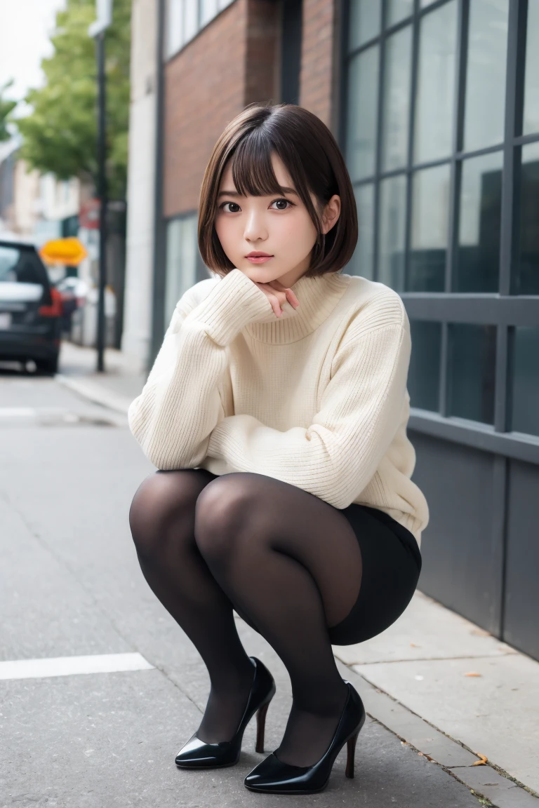 Photos taken by a professional photographer，Close-up of a woman squatting on the sidewalk with her legs crossed, Wear a sweater, Shirahime cuts her brown hair, Wear a sweater, Young and pretty girl, Japanese Model, 白いWear a sweater, ランダムカラーのカジュアルなWear a sweater,Cute eyed waves for short hair, Cute young woman, Black Pantyhose，black tights，Black high heels