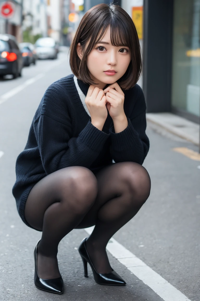 Photos taken by a professional photographer，Close-up of a woman squatting on the sidewalk with her legs crossed, Wear a sweater, Shirahime cuts her brown hair, Wear a sweater, Young and pretty girl, Japanese Model, 白いWear a sweater, ランダムカラーのカジュアルなWear a sweater,Cute eyed waves for short hair, Cute young woman, Black Pantyhose，black tights，Black high heels