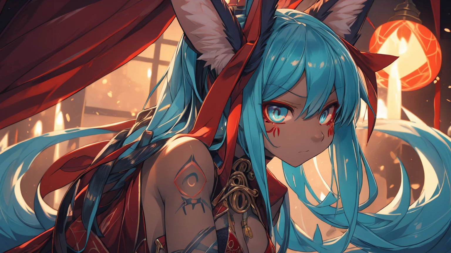 Miku Hatsune, High Definition, kitsune ears, tribal tattoo, flirtatious girl, Small breasts add_detail, magician girl add_detail, sensual pose, horny girl, focus only on his face, hands together, angry expression, pupils with the best definition 