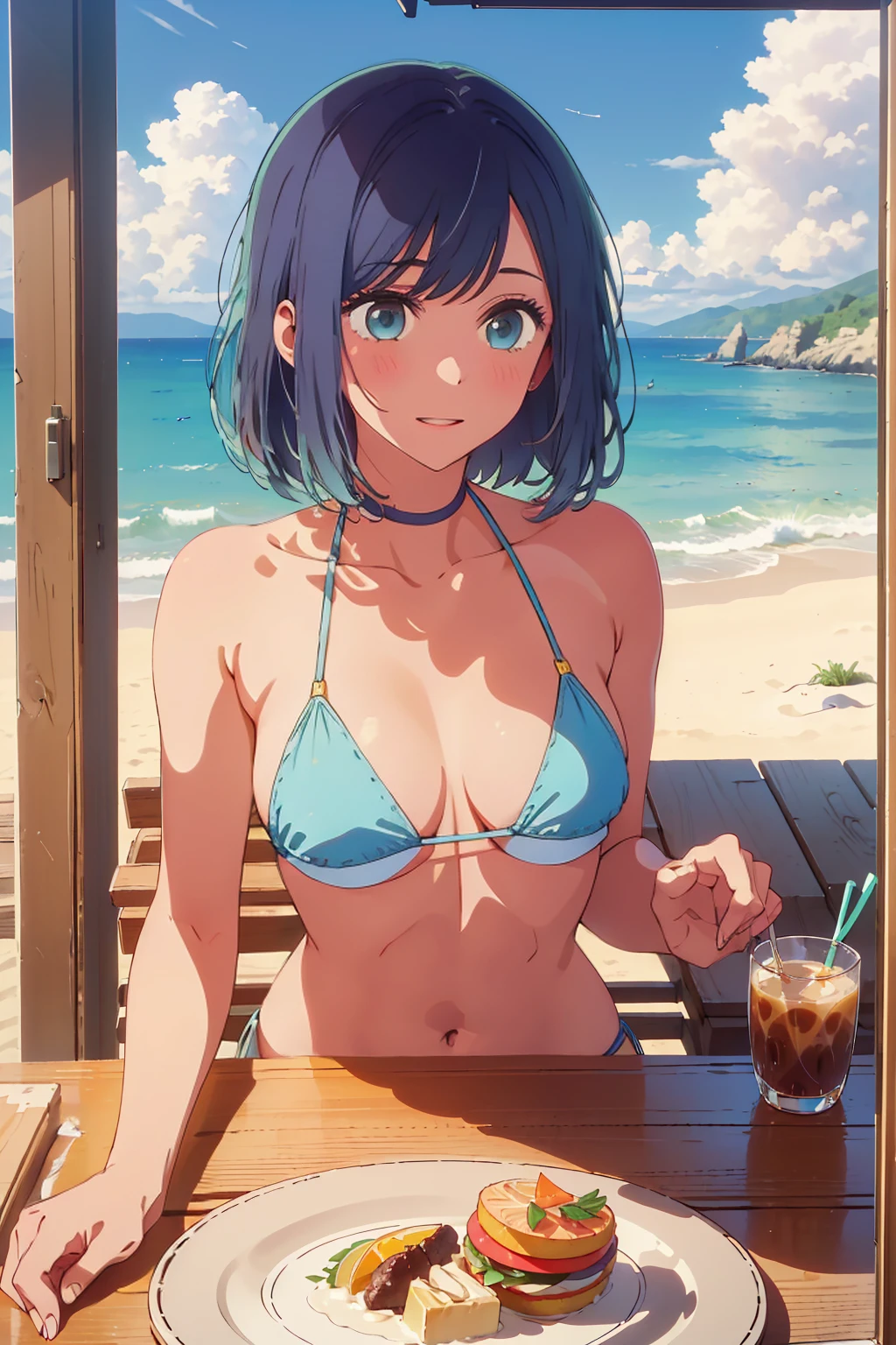 (Highest quality:1.4、masterpiece:1.4、Super detailed:1.4、8K:1.4)、((((1 person、Surprised expression、sit、Cafe Terrace、coastal、juice、table、Sandy Beach、juiceのグラスを持つ、Long Hair、Micro Bikini、Very soft boobs、Big eyes、Very cute face))))、F cup bust、Medium breast、Underboob、Nipples