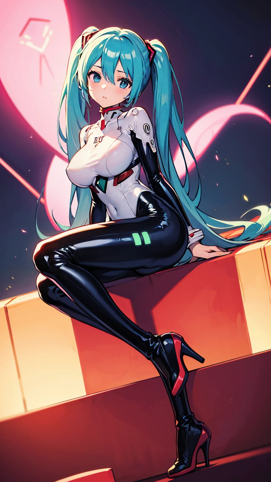 Masterpiece、Tabletop、Hatsune Miku VOCALOID、Big Breasts、Latex bodysuit、Plug Suit(Neon Genesis EVANGELION)、High heels、Beautiful Eyes、Highest quality、Highest quality、8K Illustration