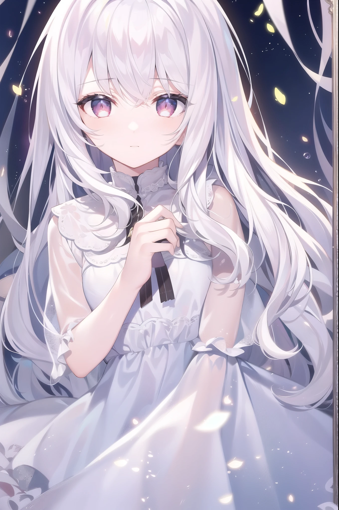 ((masterpiece, best quality))++, Detailed lighting+, Detailed hair+, Detail hand+ ,1 girl, Miss, Long hair, Crimson eyes, beautiful eyes, young white hair,,(Beautiful white hair:1.5),(Beautiful and delicate eyes), high resolution+,glass tint, Reflective eyes, {{angle}} , Very detailed wallpaper, The original, Air bangs,Extremely beautiful CG,black worksuit,Firefly,Galaxy,Shattered like a mirror