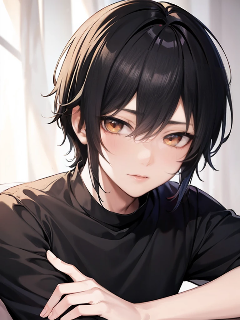 anime boy, manwha, semi realistic, short black hair, golden eyes, soft features, Teen, tende,