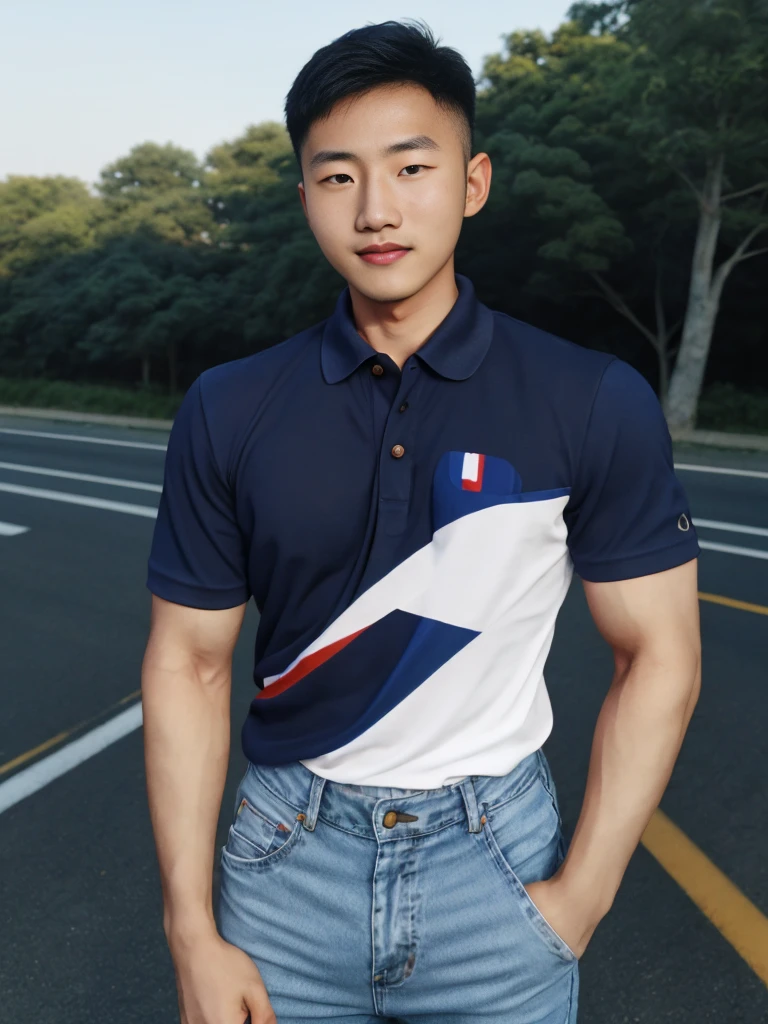((realistic daylight)) , Young Korean man in a navy blue polo shirt and jeans, A handsome, muscular young Asian man looks at the camera. In a simple t-shirt blue and red , roadside traffic