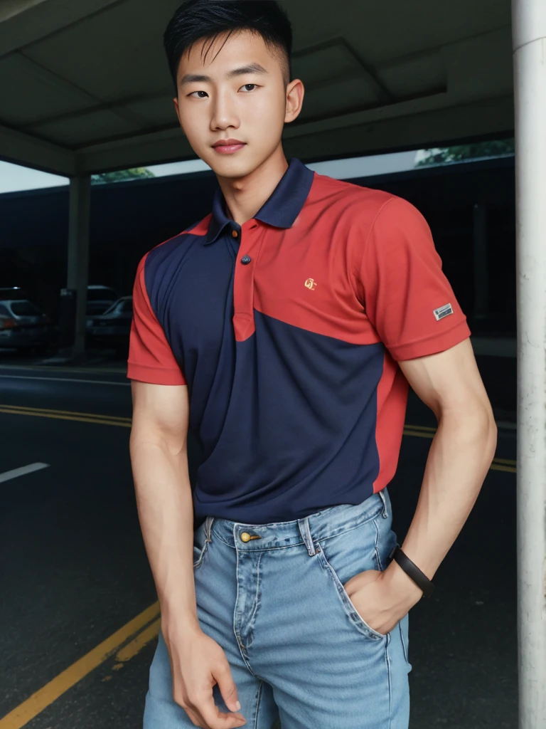 ((realistic daylight)) , Young Korean man in a navy blue polo shirt and jeans, A handsome, muscular young Asian man looks at the camera. In a simple t-shirt blue and red , roadside traffic