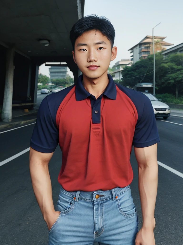 ((realistic daylight)) , Young Korean man in a navy blue polo shirt and jeans, A handsome, muscular young Asian man looks at the camera. In a simple t-shirt blue and red , roadside traffic