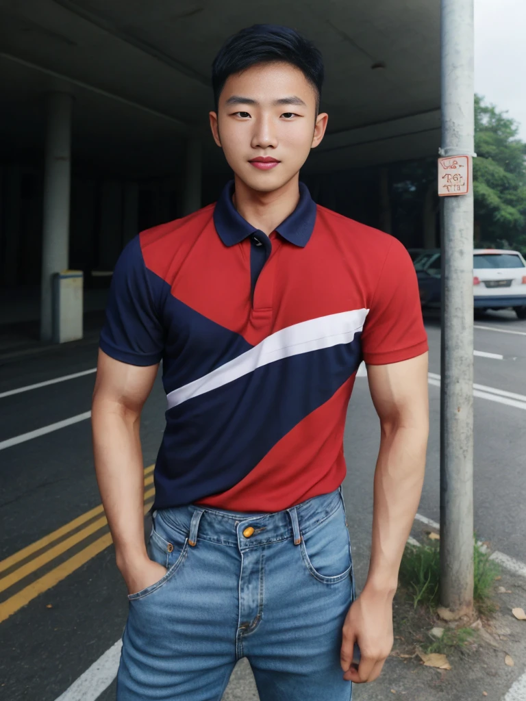 ((realistic daylight)) , Young Korean man in a navy blue polo shirt and jeans, A handsome, muscular young Asian man looks at the camera. In a simple t-shirt blue and red , roadside traffic 