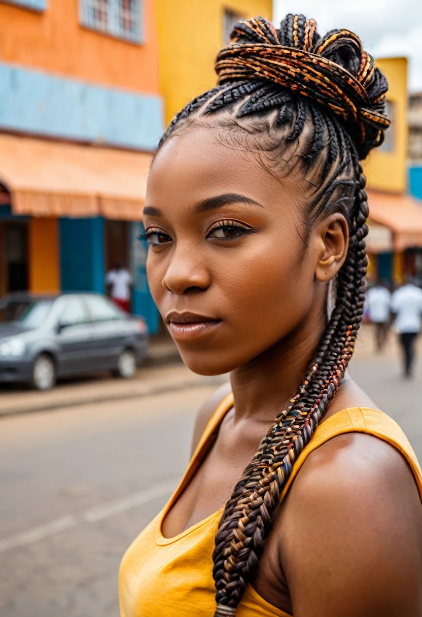 Portrait of an African woman with Nago braids in her hair in an African city