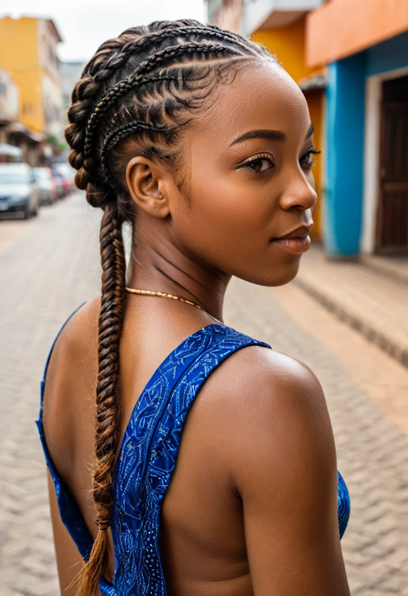 Portrait of an African woman with Nago braids in her hair in an African city