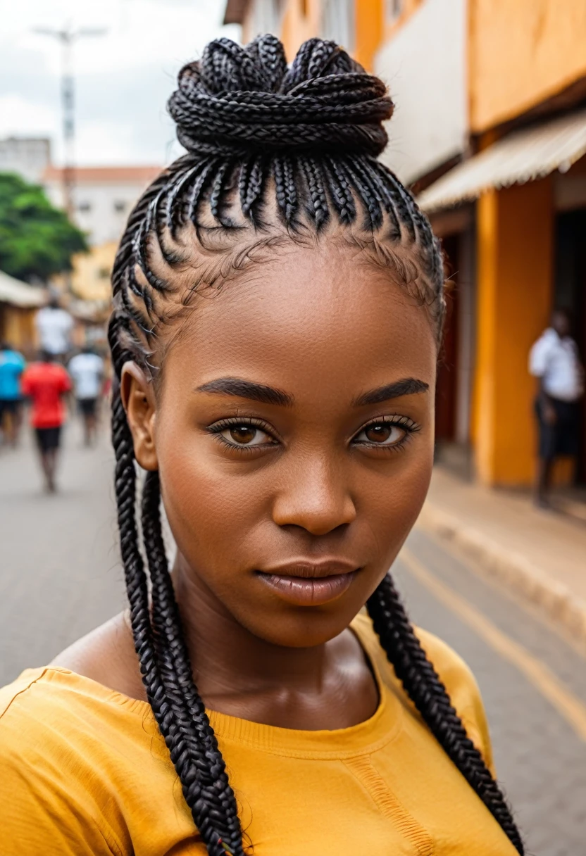 Portrait of an African woman with Nago braids in her hair in an African city  