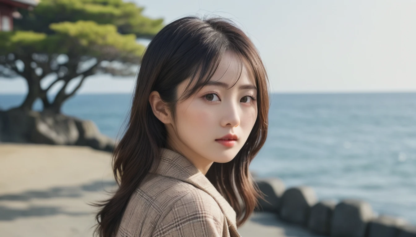 (best quality, masterpiece, ultra detailed, ultra high res, photorealistic, raw photo, absolutely resolution), Japanese, 20 year old woman, out door, sea