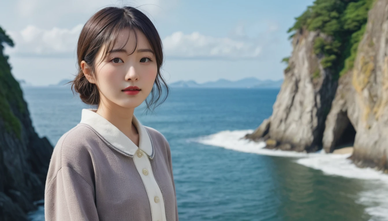 (best quality, masterpiece, ultra detailed, ultra high res, photorealistic, raw photo, absolutely resolution), Japanese, 20 year old woman, out door, sea