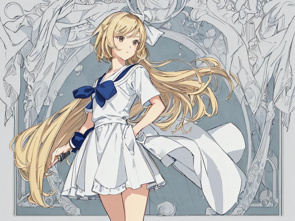 (masterpiece, Highest quality, Highest quality, beautifully、aesthetic: 1.2), (1人のgirl: 1.3), Very detailed, (Line art),Rough pen,((Full Color)), (masterpiece),(Highest quality:1.1), (Super detailed),Best illustrations, Magnificent sky, Hand-painted high quality, (pale colour), (Desaturate), High Contrast,80s anime, (80s Vinyl Anime), (The outline is roughly drawn in pencil.:1.3),Set the lines a little thicker, girl,alone, (色ed background:1.1), High resolution, Magical World、((Medieval European town))、画面の前面にgirl, (Light flies), Slanted Eyes, Low nose, ((Bob Hair)), Thick-soled shoes, (Blonde), ribbon, ((不思議の国のアリスをイメージしたgirl)), Short sleeve, Thick-soled shoes, pale colour,