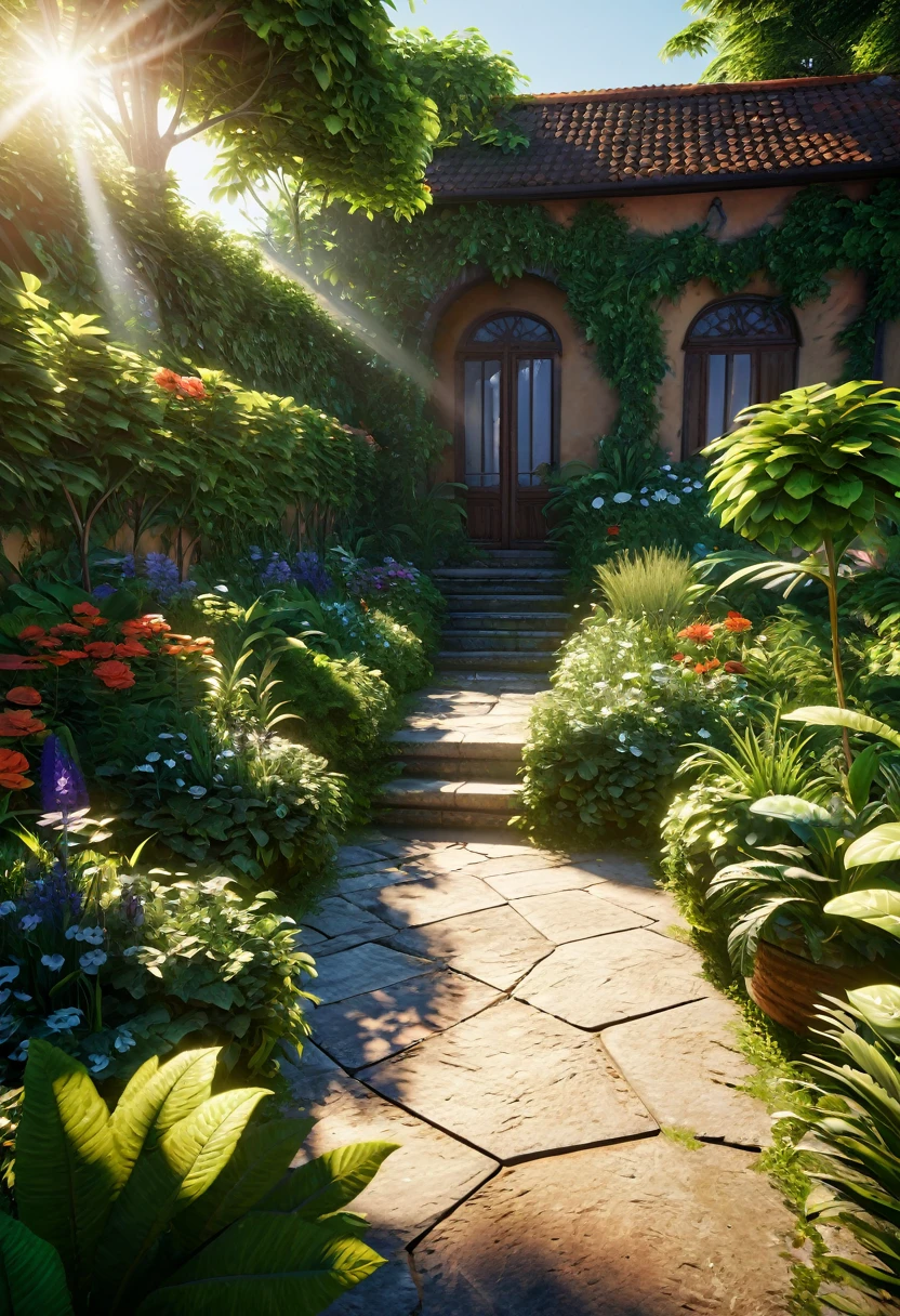 (Highly detailed CG Unity 8k wallpaper, masterpiece, Highest quality, Super detailed), (Best lighting, Best Shadow, Very delicate and beautiful), garden, Lush greenery, Sunlight shining, Depth of written boundary, Warm and cozy atmosphere.