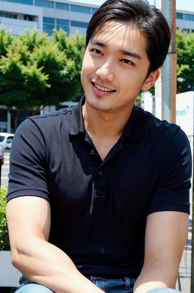 ((realistic daylight)) , Young Korean man in a navy blue polo shirt and jeans, A handsome, muscular young Asian man looks at the camera. In a simple t-shirt blue and red , roadside traffic
