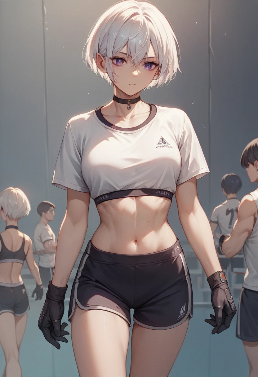 ((ultra detailed, masterpiece, absurdres))
DOAChristie, 1girl, short hair, white hair, purple eyes, in training wears, choker, black choker, Sport bra, white shirt, black trim, sport shorts, black shorts, training gloves, black gloves,