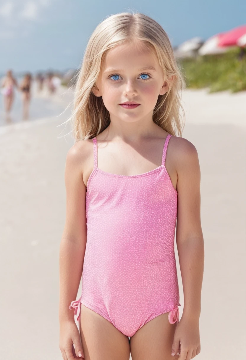 blonde 5  girl with blue eyes in pink swimsuit on the beach full body