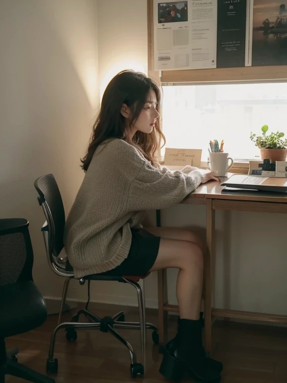 A person sitting at a desk, working on a laptop. The desk has a cup of coffee, some books, and a potted plant. The background is a cozy home office with warm lighting.