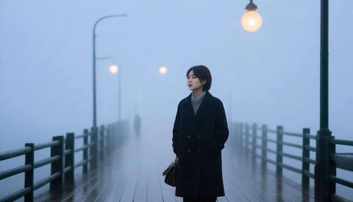 1 36-year-old Korean woman, Short hair, black coat, alone, rain, Fog, cold, boring, , pier, Only, 멀리 Faintly visible 등대, Coast, The dim light shines in the Fog,and the figure stands in the Fog holding ,drizzling, (명암대rain, cinematic lighting, shadow, film grain, anatomically correct, accurate, Awards, 8K) realistic photo, Full body shot with Canon camera 16-35 wide angle lens, natural appearance, Faintly visible, The streetlight lights up