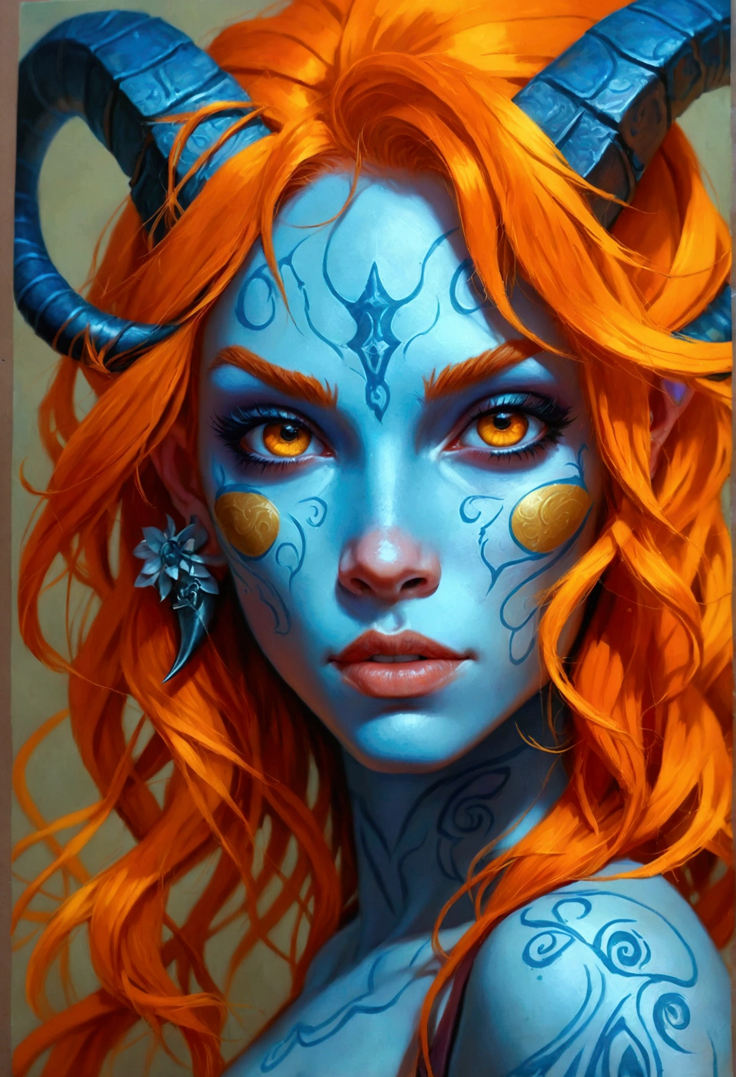 (((masterpiece))), (((best quality: 1.4))), ((super detail: 1.4)) , Highly detailed gouache painting of a female Tiefling, Gorgeous exotic features, Amber Neon Eyes:1.5, orange hair, Highly detailed facial features, A face full of expression, detailed texture, blue skin tone, Tattoo, Natural Skin Shader, volume, There is a warm tone under her skin, ultra high resolution