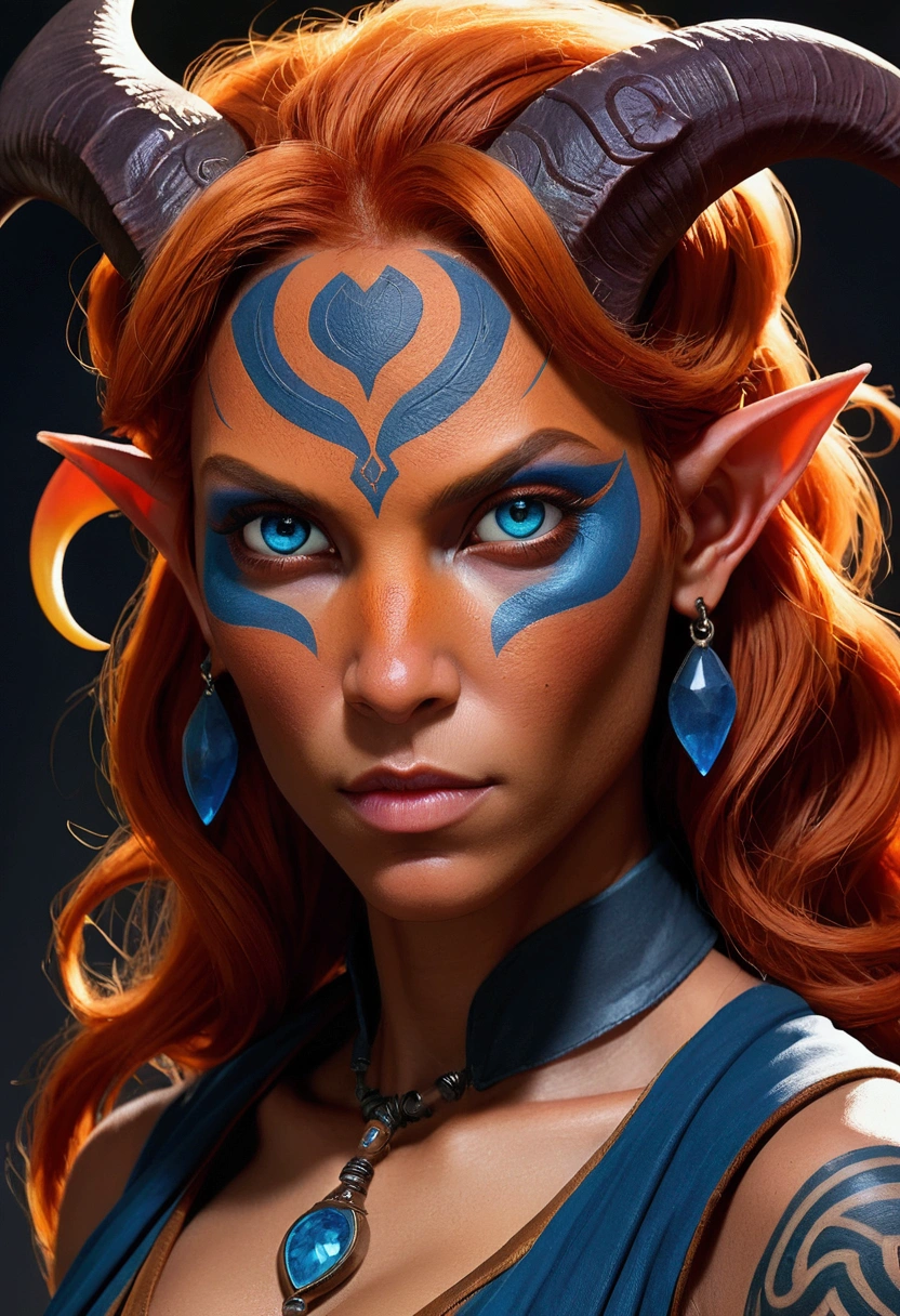 (((masterpiece))), (((best quality: 1.4))), ((super detail: 1.4)) , Highly detailed gouache painting of a female Tiefling, Gorgeous exotic features, Amber Neon Eyes:1.5,  orange hair, Highly detailed facial features, A face full of expression, detailed texture, blue skin tone, Tattoo, Natural Skin Shader, volume, There is a warm tone under her skin, ultra high resolution