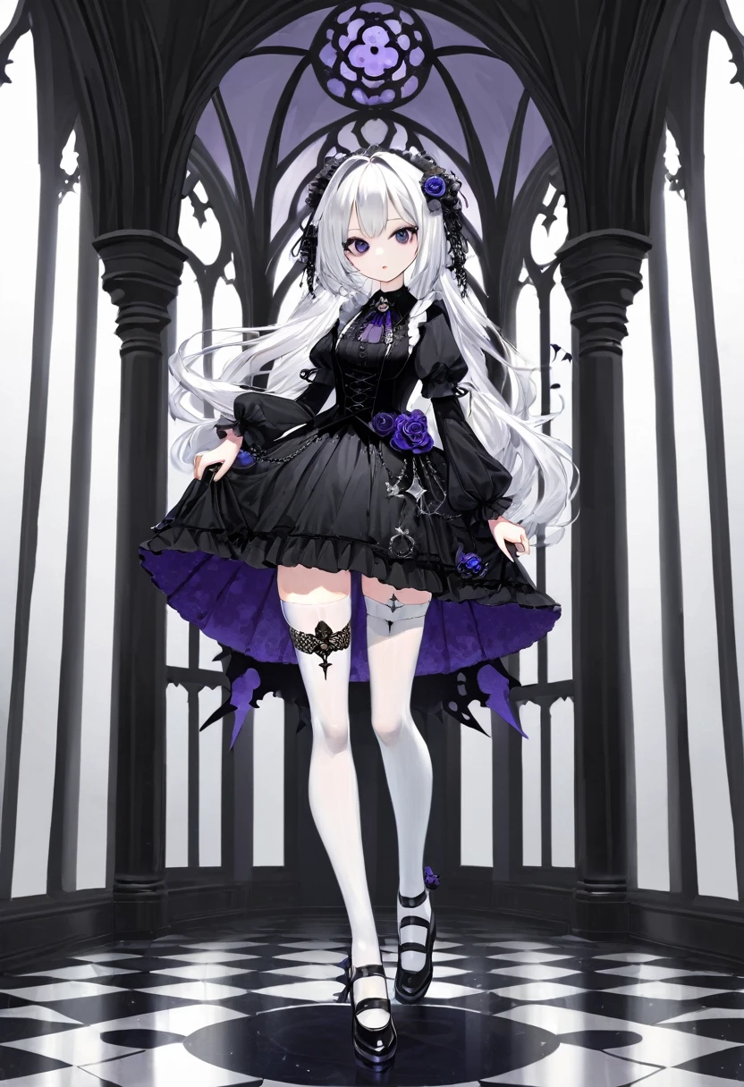 masterpiece, top-quality, masterpiece, top-quality,ighly detailed,{top-quality}, {{masterpiece}}, {hight resolution},original, {extremely delicate and beautiful},masterpiece, top-quality,ighly detailed,{top-quality},white hair, gothic ta, full body, standing, white thighhighs,