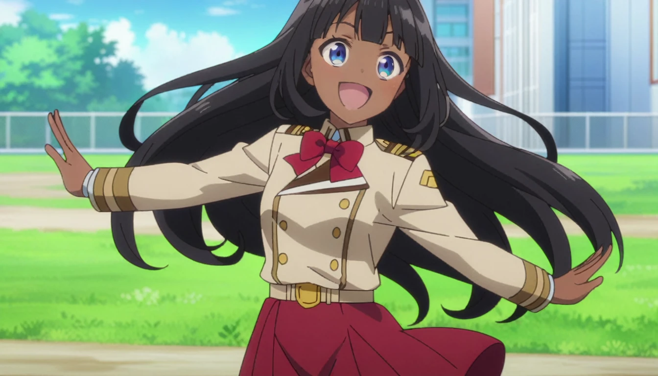 High quality,anime screenshot,4k,happy,smiling,straight bangs,long flowy hair,black hair,round blue eyes,happy,jump,beige uniform,red bow on uniform,red skirt,brown skin