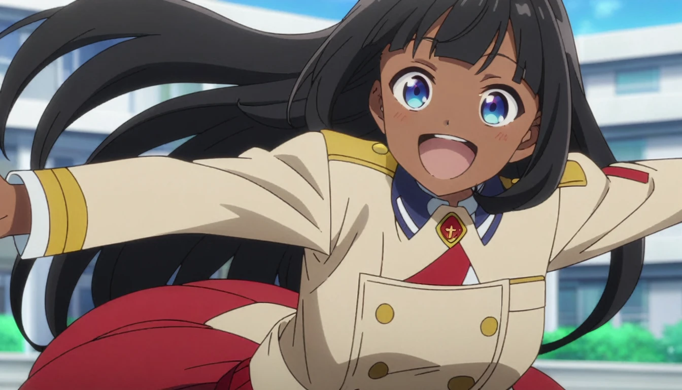 High quality,anime screenshot,4k,happy,smiling,straight bangs,long flowy hair,black hair,round blue eyes,happy,jump,beige uniform,red bow on uniform,red skirt,brown skin