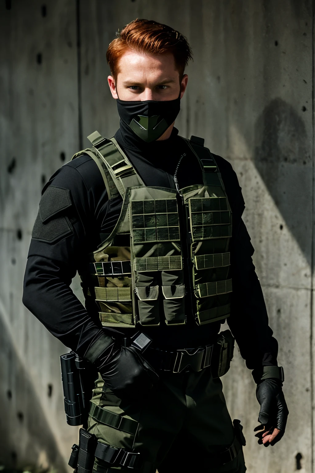 1 man, 25 years, Cal of Duty Modern Warfire game character remains calm., wearing green camouflage combat suit, (black bulletproof vest: 1.3), half black gloves, (grenade belt: 1.3), Awesome, high, Red hair, green eyes,black helmet, (longitud total:1.5), (free hands:1) black mask