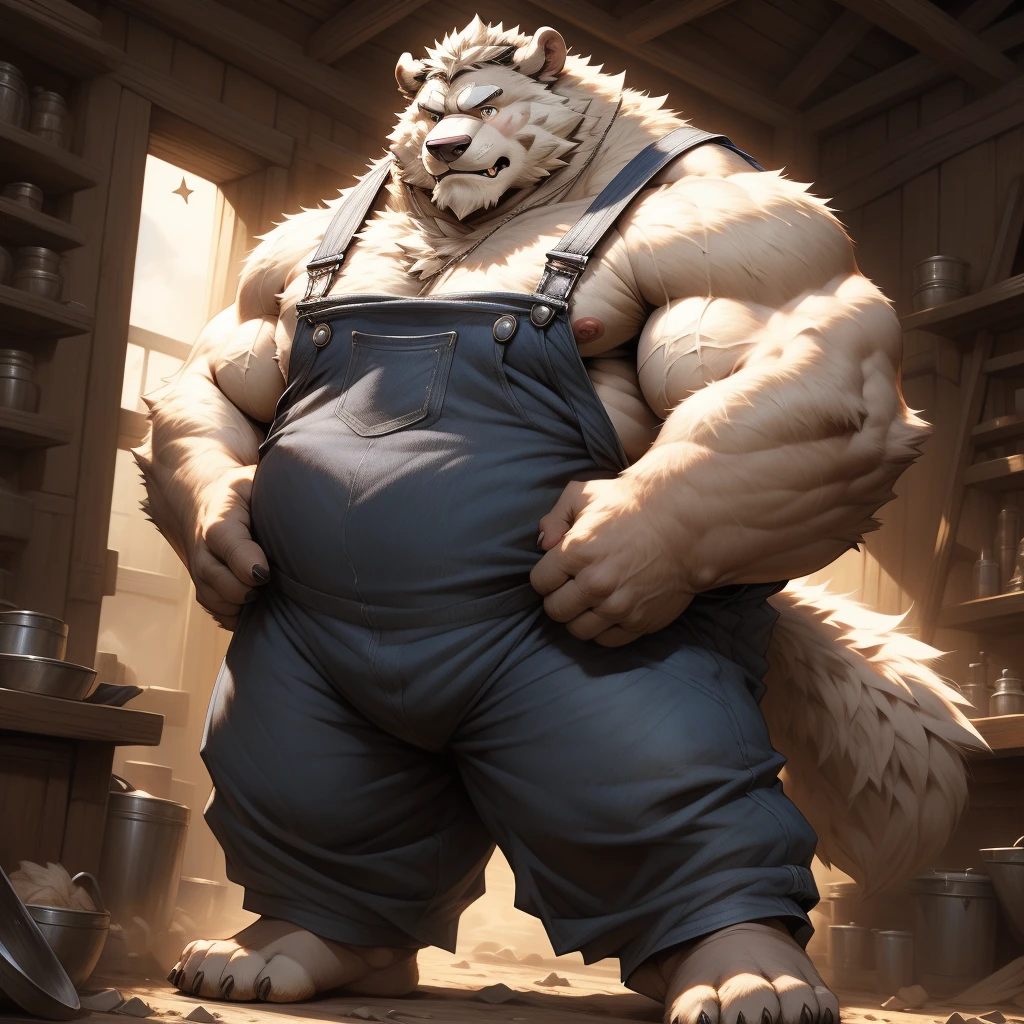 Epic Citizen Zootopia style, My Heroe Academia Character, Stars Wars Dungeons and Dragons style, A poor villager, Real life, Anime serie, Anime character, Obese muscle Obese Sumo wrestler Werebeast Kid, full body pic (obese, strong legs and arms) Sumo wrestler Werebeast Kid. Obese muscle fat kid (bulky, wide, broad shoulders), Citizen obese Werebeast kid,  Anthro, male, old chubby canine, imposing, thick furry neck and chest fluff,(white fur:1.5), (middle-age:1.2),(elderly, old, mature:1.2),black eyes,(muscular body with large arms huge biceps and chunky musclegut: 1.2),( working as a laborer), (overalls:1.5),whiskers, nipples, pubes, hairy body:1.2, (canine tail)chest hair, belly hair,detailed fluffy fur,((intricate detail fluffy fur texture)), photorealism,(by darkgem),(by taran fiddler)