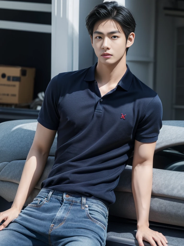 ((realistic daylight)) , Young Korean man in a navy blue polo shirt and jeans, A handsome, muscular young Asian man looks at the camera. In a simple t-shirt blue and red , roadside traffic
