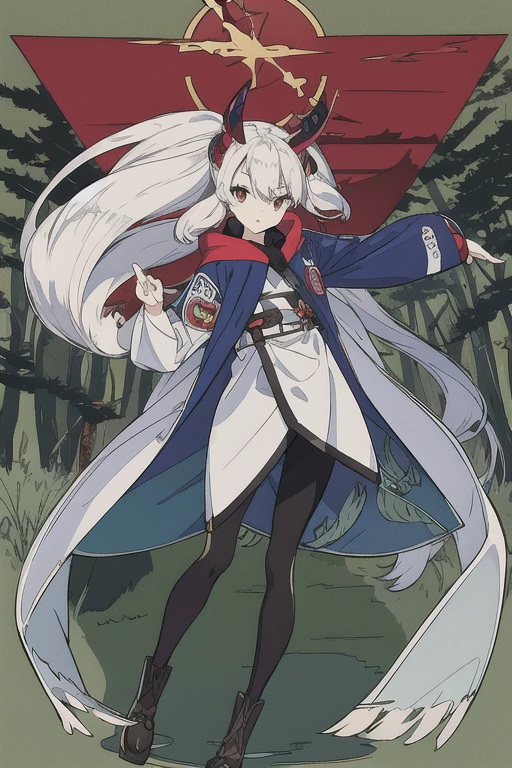 anime picture, perfect body, full body, forest background, teenage Ronin female with twin tail white hair (has a red horn) wearing a blue robe and black leggings