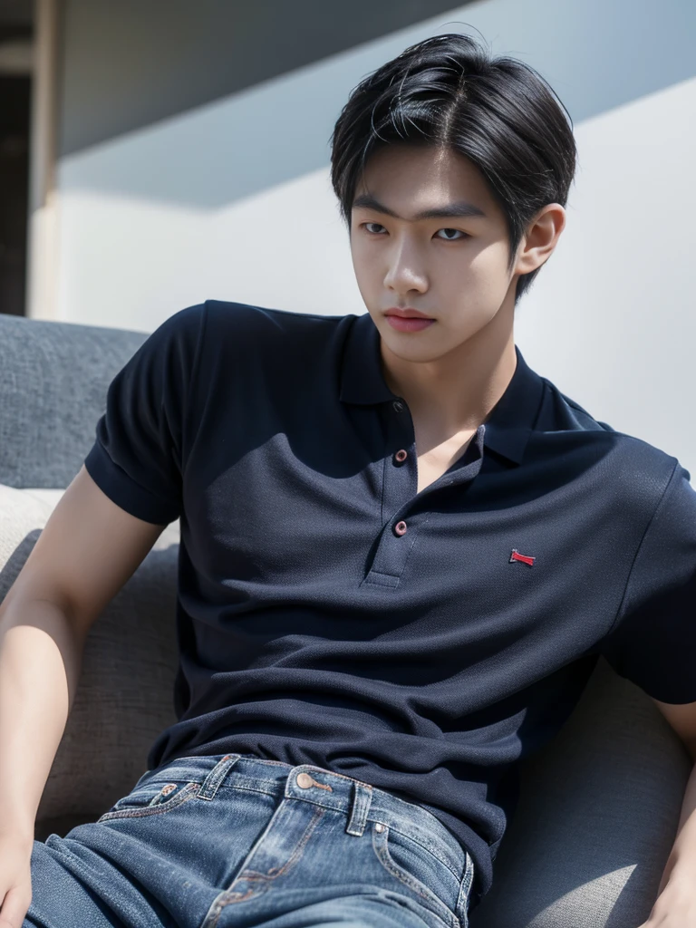 ((realistic daylight)) , Young Korean man in a navy blue polo shirt and jeans, A handsome, muscular young Asian man looks at the camera. In a simple t-shirt blue and red , roadside traffic