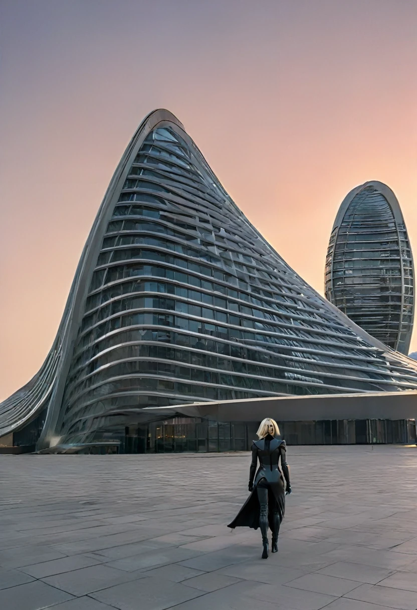 image of actress Charlize Theron dressed as Aeon Flux, linda, walking between the rounded buildings of an ultrafuturistic megalopolis city, the city has many metallic buildings with mirrored glass in light colors that reflect the sunlight, alien architecture, the city has shades of metal gray, has beautiful metal structures, dark ultrafuturistic cars on the streets, desert megalopolis, tall futuristic metal buildings, many ultramodern buildings around, as realistic as possible, as detailed as possible, Science fiction, there are 2 planets in the sky through the dense atmosphere
