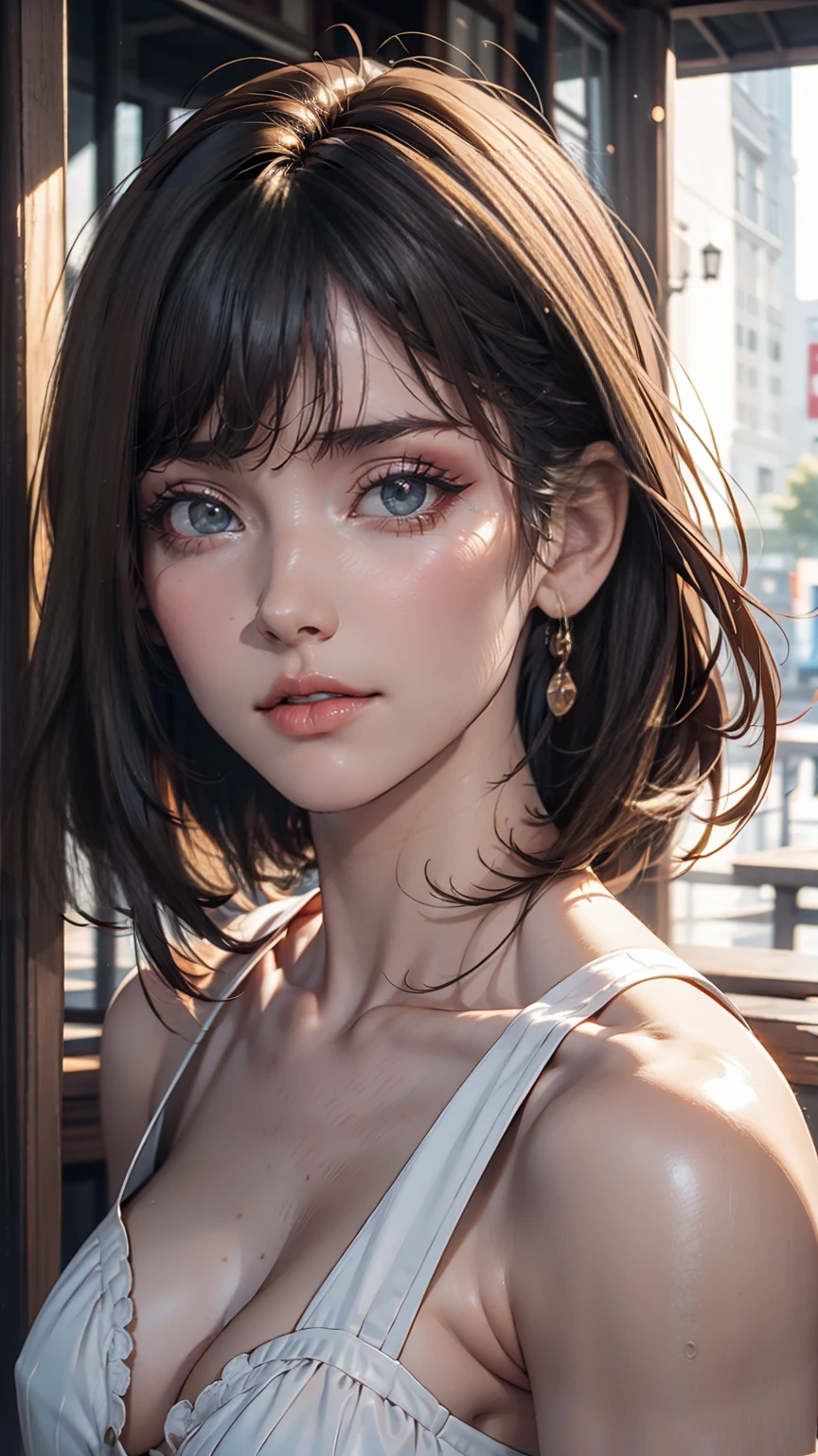 (masterpiece:1.3), (8K, Realistic, RAW Photos, Highest quality: 1.4), Japanese people々, (1 Girl),Age 25, Beautiful Face, (Realistic Face), (Black Hair, short hair:1.3), Beautiful hairstyle, Realistic eyes, Beautiful Eyes, Beautiful Eyes, (Realistic Skin), Beautiful Skin, Charm, Ultra High resolution, High resolution, close, Portraiture, Golden Ratio, Detail Makeup, Behold the Beholder, smile, (Shoulder look), Center of chest,