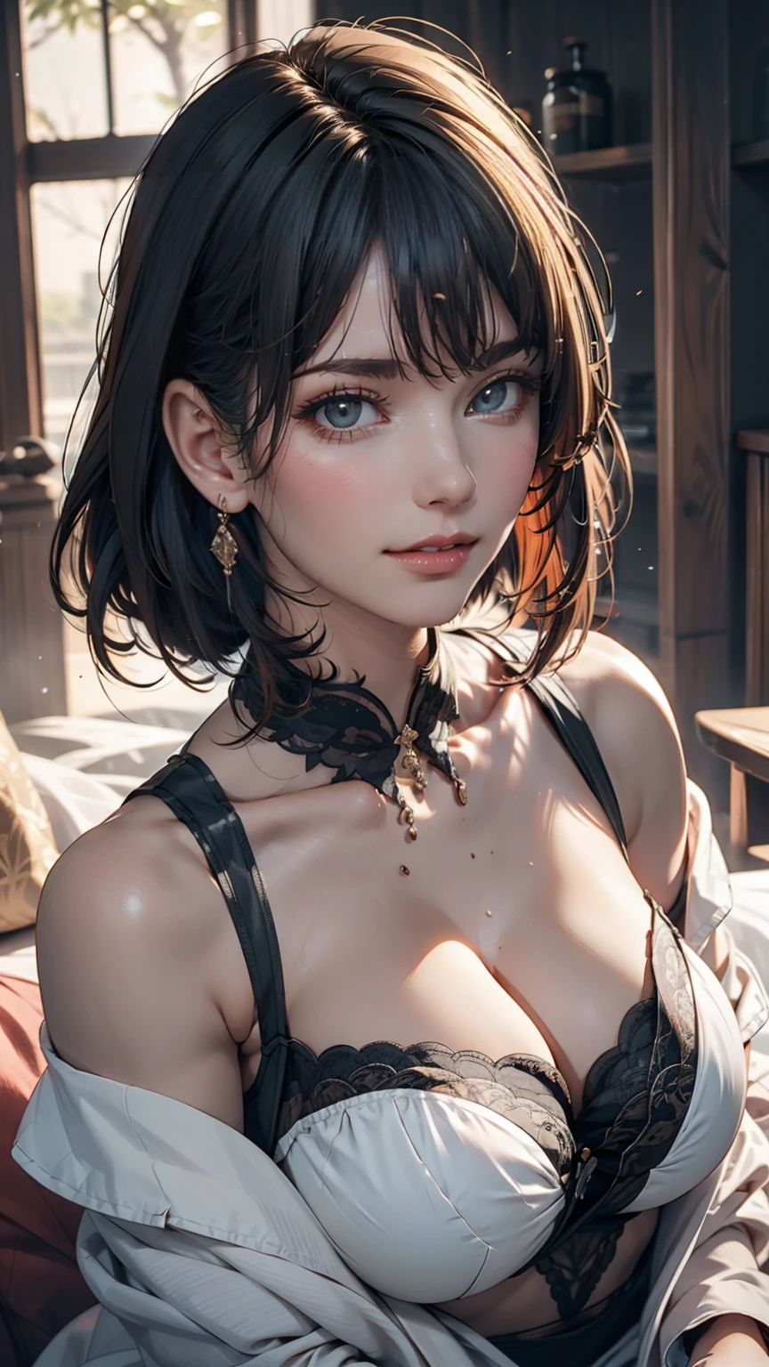 (masterpiece:1.3), (8K, Realistic, RAW Photos, Highest quality: 1.4), Japanese people々, (1 Girl),Age 25, Beautiful Face, (Realistic Face), (Black Hair, short hair:1.3), Beautiful hairstyle, Realistic eyes, Beautiful Eyes, Beautiful Eyes, (Realistic Skin), Beautiful Skin, Charm, Ultra High resolution, High resolution, close, Portraiture, Golden Ratio, Detail Makeup, Behold the Beholder, smile, (Shoulder look), Center of chest,