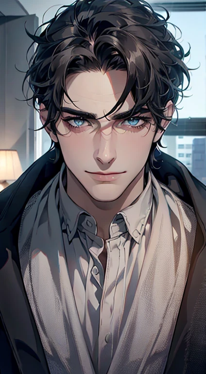 (best quality,4k,8k,highres,masterpiece:1.2),ultra-detailed,(realistic,photorealistic,photo-realistic:1.37),1 man,31 years old,mature man,very handsome,without expression,smile,short grey black hair,blue eyes,penetrating gaze,perfect face without errors,imposing posture,businessman,office background,cinematic lighting,hdr image