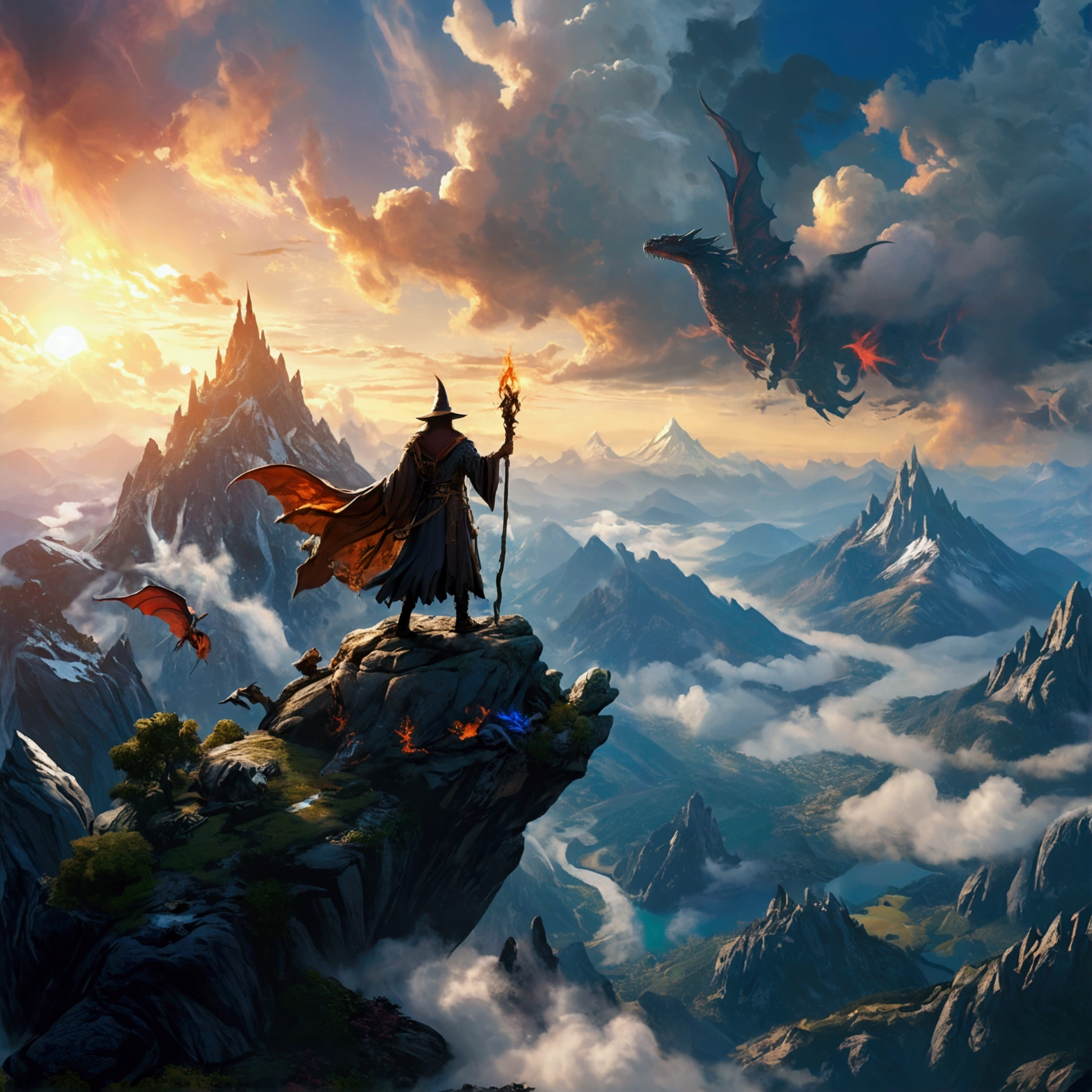 Fantasy art image of a wizard on top of a rock with a masterful view of mountains and dragons in the sky, 4k super detallado, 8k qualità perfetto